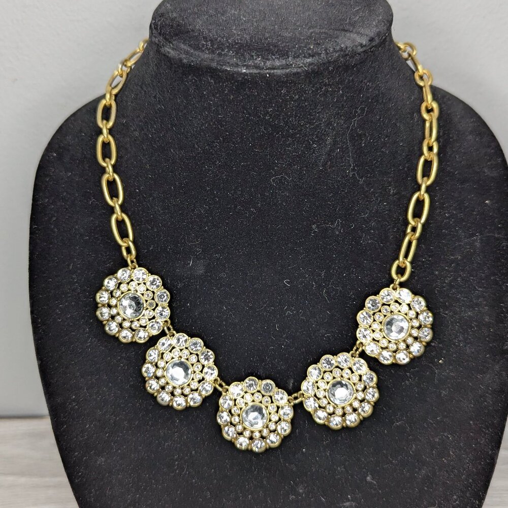 Vintage J Crew Signed Gold Tone & Clear Rhinestones Necklace Lobster Claw Clasp